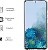 A clear phone case is shown on a white background with feature callouts. Produktbild-Vorschau
