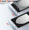 Two identical phone cases are shown, one above the other, with text and arrows indicating how to open and lock them. Produktbild-Vorschau