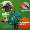 A marketing image for a wheelbarrow, showing its features and benefits with text overlays and a person carrying a bag. Produktbild-Vorschau