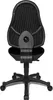 The back view of a black office chair with a mesh backrest and a five-star base with wheels. Produktbild-Vorschau