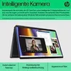 A laptop is shown in a convertible mode, displaying a video call with a woman on the screen. Text overlays describe features. Produktbild-Vorschau