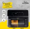 A black air fryer with a digital display and a transparent window showing the interior. The background is a textured gray wall with a yellow graphic overlay. Text and icons highlight product features. Produktbild-Vorschau