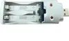 A close-up, top-down view of a silver USB battery charger with two slots for AA or AAA batteries. Produktbild-Vorschau