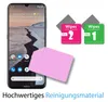 A smartphone screen protector cleaning kit is shown next to a smartphone. Produktbild-Vorschau