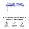 A blue and white striped awning is shown with icons and text describing its features. Anteprima dell’immagine prodotto