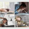 A collage of four images showing a faucet extender being used in different scenarios: washing hands, washing face, washing hair, and drinking water. Náhled obrázku produktu