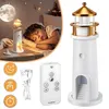A child sleeping next to a lighthouse lamp, with the lamp and its accessories shown separately. Produktbild-Vorschau