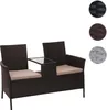 A poly-rattan bench with a central table and cream cushions, shown against a white background. Swatches of different rattan colors are displayed on the right. Náhled obrázku produktu