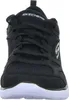 A close-up, front-facing view of a black Skechers sports shoe with a white sole. Produktbild-Vorschau
