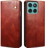 A brown leather flip case for a smartphone, shown from two angles. Produktbild-Vorschau