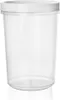 A clear, empty, transparent plastic food container with a white lid, shown from the front on a white background. Produktbild-Vorschau