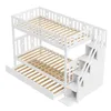 A white bunk bed with a pull-out trundle bed and stairs, shown from a diagonal angle against a white background. Produktbild-Vorschau