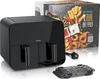 A black dual-chamber air fryer is shown next to its packaging, which features images of fried food. Produktbild-Vorschau