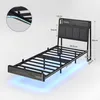 A bed frame with dimensions and features highlighted. Produktbild-Vorschau