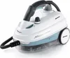 A white and light blue steam cleaner with a black hose. Podgląd zdjęcia produktu
