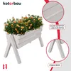 A white wooden planter box filled with orange flowers, shown on a white background with close-up insets highlighting construction details and text. Produktbild-Vorschau