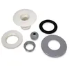 A collection of plumbing parts, including a white inlet nozzle, a gray ball joint, and various rings and gaskets, arranged on a white background. Produktbild-Vorschau