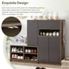 A modern shoe cabinet with a focus on its 'Exquisite Design' and a close-up of its door mechanism. Voir les images du produit