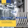A split image showing a washing machine drum on the left and a dishwasher rack with plates on the right, with text overlays. Produktbild-Vorschau