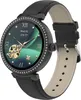A close-up studio shot of a smartwatch with a black leather strap and a green watch face. Podgląd zdjęcia produktu