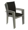 A stack of four outdoor chairs with gray aluminum frames and black fabric seats and backs, shown against a white background. Produktbild-Vorschau