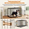 A dog in a black metal dog crate, with close-up diagrams of the crate's features. Produktbild-Vorschau