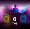 A DJ performing at a party with two speakers. Produktbild-Vorschau