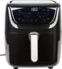 A black air fryer with a digital display and a silver handle. Produktbild-Vorschau