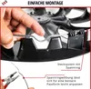 A close-up view of a hand demonstrating how to attach a wheel cover to a car wheel using a metal ring and pliers. Produktbild-Vorschau