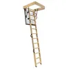 A wooden attic ladder extended from an attic opening. Produktbild-Vorschau
