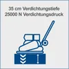 An illustration showing a plate compactor operating on a surface, with text indicating its specifications. Produktbild-Vorschau