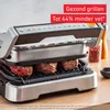 A close-up of a grill with steaks cooking on it, with promotional text overlays. Produktbild-Vorschau