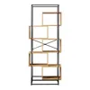 A tall, narrow bookshelf with a black metal frame and light wood shelves of varying sizes and orientations. Náhled obrázku produktu
