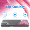 A product image featuring a phone case with glitter, accompanied by icons and text highlighting its features. Produktbild-Vorschau
