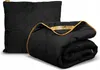 A black pillow and a folded black blanket with gold trim are displayed against a white background. Podgląd zdjęcia produktu