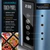 A close-up view of a blue toaster's touch panel and display, with accompanying text and numbered callouts explaining its features. The bottom of the image shows a collage of different types of toast. Podgląd zdjęcia produktu