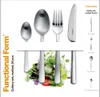 A Fiskars cutlery set is displayed with individual pieces shown above a salad, and a list of included items on the right. Produktbild-Vorschau