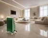A green oil-filled radiator is placed in a modern, well-lit living room with a large sectional sofa, coffee table, and television. Voir les images du produit
