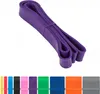A collection of colorful fitness bands laid out in a row, with a close-up of purple bands at the top. Produktbild-Vorschau