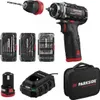 A collection of tools and accessories for a cordless drill, including the drill itself, batteries, charger, drill bits, screwdriver bits, and a storage bag. Produktbild-Vorschau