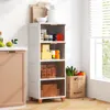 A white storage cabinet with multiple shelves filled with various items, placed in a kitchen or pantry setting next to a window with blinds. Náhľad obrázku produktu