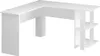 A white L-shaped desk with integrated shelving on one side, presented against a white background. Podgląd zdjęcia produktu