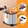 A deep fryer with a basket of fries being lifted out, with close-up insets highlighting features. Produktbild-Vorschau