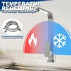 A kitchen faucet with graphics indicating hot and cold water temperature control, along with a flexible hose accessory. Produktbild-Vorschau