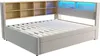 A modern bed frame with integrated shelving and LED lighting. Produktbild-Vorschau