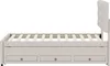 A side view of a beige upholstered bed frame with a slatted mattress support and three drawers underneath. The headboard is visible at the right. Náhled obrázku produktu