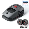 A robotic lawnmower and two spare wheels are shown against a white background. Produktbild-Vorschau