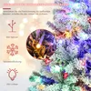 A close-up of a flocked artificial Christmas tree with colorful LED lights, with informational graphics on the left. Voir les images du produit