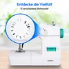 A close-up marketing image of a white Medion sewing machine with turquoise accents, highlighting its stitch pattern selection dial. Produktbild-Vorschau