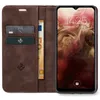 A brown leather flip case for a smartphone, showing credit cards and a banknote inserted. Produktbild-Vorschau